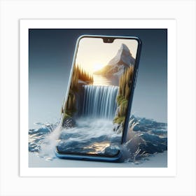 A smartphone whose screen displays a miniature view of a waterfall. 6 Art Print