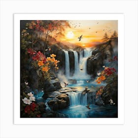 Waterfall At Sunset Art Print