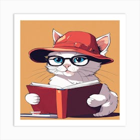 Cat In Glasses Reading A Book Art Print