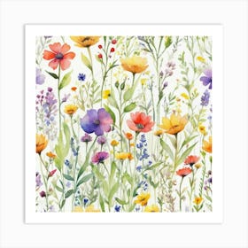 Multicolored Wildflowers Watercolor Field Drawin 0 Art Print