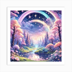 A Fantasy Forest With Twinkling Stars In Pastel Tone Square Composition 51 Art Print