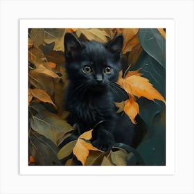 Black Kitten In Autumn Leaves 4 Art Print