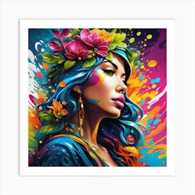 Colorful Girl With Flower Crown 1 Art Print