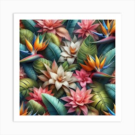 Pattern of tropical leaves and flowers 2 Art Print