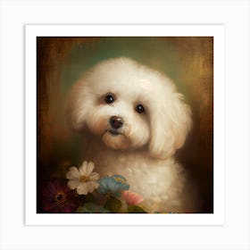 White Poodle With Flowers Art Print