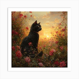 Black Cat in a Floral Sunset Garden 12 Art Print