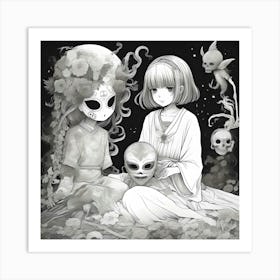 Two Girls And A Skull Art Print