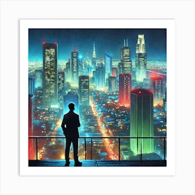 A Man In The Dark Looking Out At The View On Top Of A Building In Gouache.AI Art Print