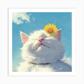 White Cat With Flower Art Print