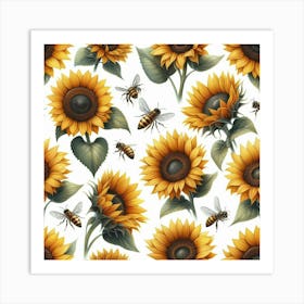 Sunflowers And Bees 2 Art Print