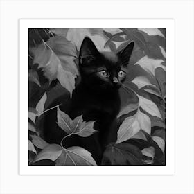 Black and White Black Kitten In Leaves 1 Art Print