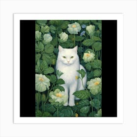 White Cat In Flowers Art Print