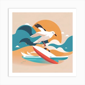 Seagull On Surfboard Art Print