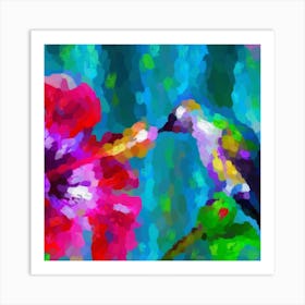 Hummingbird and pink flower Art Print