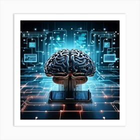 Futuristic Human Brain Interwoven With Circuitry And Geometric Grid Patterns Smart Robot Features I Poster