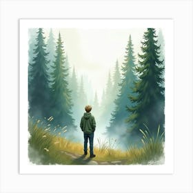 Watercolor Of Justin Bieber Standing At The Edge Of A Forest, Mist Rising Art Print