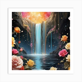 Roses And Waterfall 1 Art Print