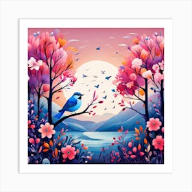 Birds In The Garden, A Bright Toned Design With Flowers And Leaves Trees And Birds A Beautiful And Simple Picture Art Print