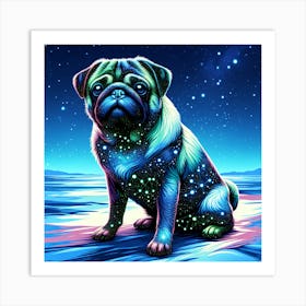 Pug dog sitting on a snowy Art Print