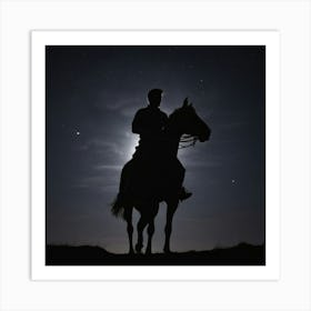 Silhouette Of A Horseback Rider At Night Art Print