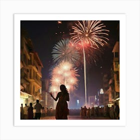 Woman Watching Fireworks Art Print