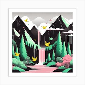 Waterfalls And Birds Art Print