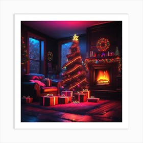 Christmas Presents Under Christmas Tree At Home Next To Fireplace Neon Ambiance Abstract Black Oil (7) Art Print