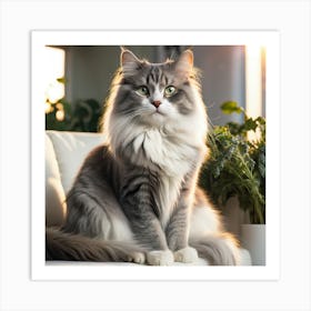 Grey Cat Sitting On A Couch Art Print