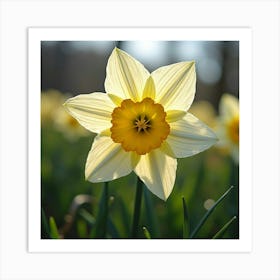 A Radiant Daffodil With Petals Like Cascading, Holographic Ribbons In A Magical Meadow Art Print