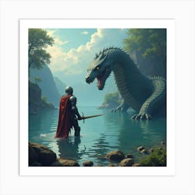 A Knight Battling A Giant Serpent In A Mystical Lake 1 Art Print