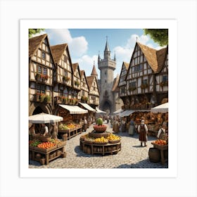 Medieval Market In A Sunlit Village Art Print