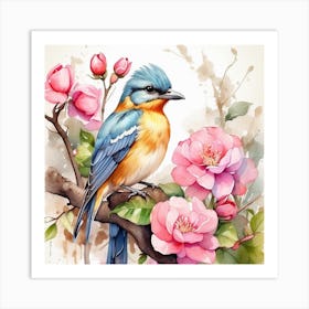 Watercolor Bird On A Branch Art Print