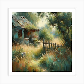 Old House In The Countryside Field, Acrylic Painting Style Art Print