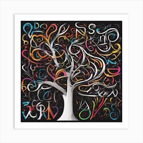 An Image Of A Tree With Letters On A Black Background, In The Style Of Bold Lines, Vivid Colors, Gra (2) Art Print