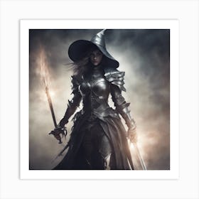 Witch Standing In Dynamic Pose Wearing Armor Holding Sword And Magic, Futuristic Medieval, Epic Comp Art Print