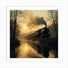 Vintage Locomotive Crossing A Serene River At Dawn 1 Art Print