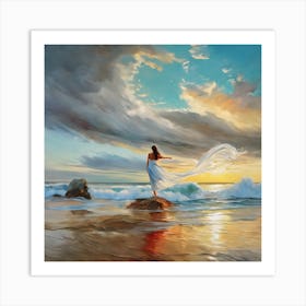 White Lady of The Sea - Air And Water Element Witchy Pagan Woman Oil Painting in Flowing Dress - Fairytale Women's Empowerment Piece Communing With Nature Blue Sky and Ocean Art Print