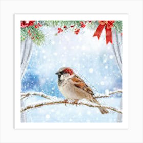 Winter Sparrow Adorned In Festive Attire Perched On A Frost Coated Branch Surrounded By Delicate S Art Print