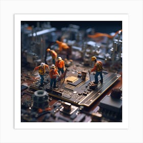 Miniature Workers On A Computer Board Art Print