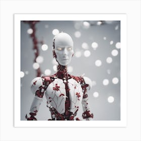 Porcelain And Hammered Matt Red Android Marionette Showing Cracked Inner Working, Tiny White Flowers (4) Art Print