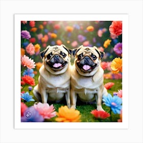 Two Pugs With Flower Background 1 Art Print