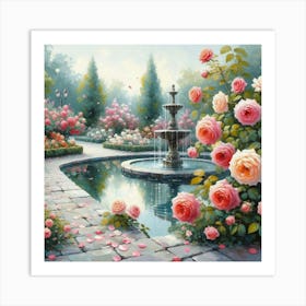 Rose Garden With The Fountain, Acrylic Style Painting 4 Art Print