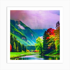 Watercolor: Green And Red Trees And A River With Mountains And Clouds In The Background Art Print