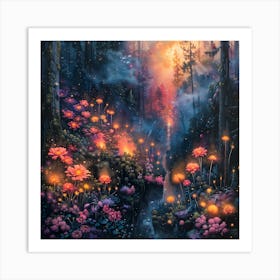 Fireflies In The Forest, In Warm Colors, Impressionism, Surrealism Art Print