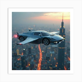 Futuristic Flying Car With Retractable Wings, Soaring Over A Glowing Metropolis 1 Art Print