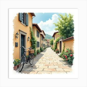 Antique Bicycle On A Quaint Village Street Watercolor 1 Art Print