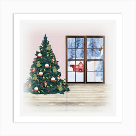 Christmas Tree In Front Of Window Christmas landscapes Art Print