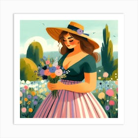 Shy Woman In A Dress, Hat, Holding Flowers In Nature Art Print