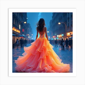 Radiant Gown In Watercolor, Set Against A Vibrant City Night 1 Art Print