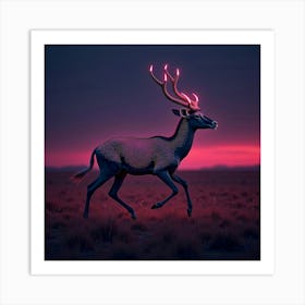 An Antelope With A Glowing Pattern On Its Fur, Galloping Across A Neon Lit Savannah Art Print